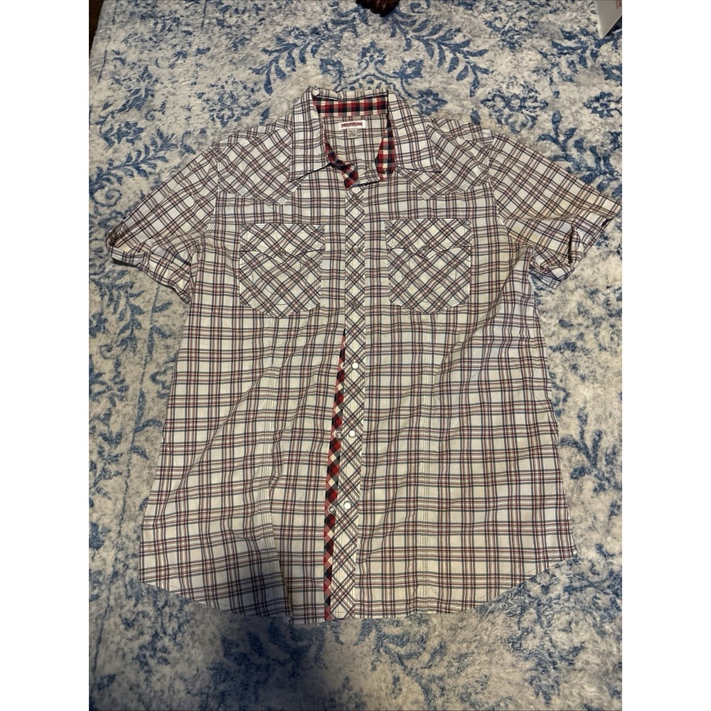 True Religion Men`s Western Plaid Pearl Snap Short Sleeve Shirt Size XXL